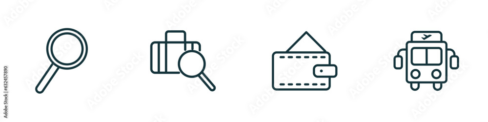 set of 4 linear icons from airport terminal concept. outline icons included airport searchor, luggage inspection, purse with bill, airport bus vector set of 4 linear icons from airport terminal concept. outline icons included airport searchor, luggage inspection, purse with bill, airport bus vector