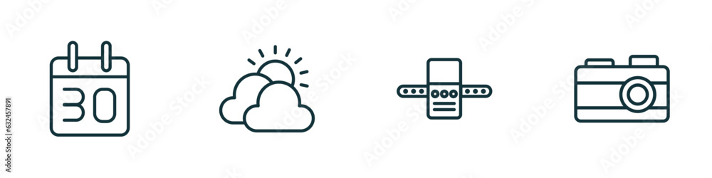 set of 4 linear icons from airport terminal concept. outline icons included calendar day thirty, cloudy day, airport x ray hine, vintage camera vector set of 4 linear icons from airport terminal concept. outline icons included calendar day thirty, cloudy day, airport x ray hine, vintage camera vector
