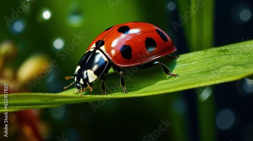 Macro Photo of Ladybug on Green Leaf Background. Generative Ai