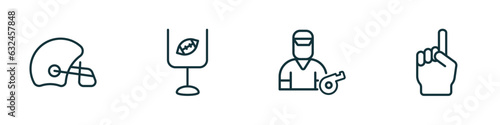 set of 4 linear icons from american football concept. outline icons included helmet, american football goal, trainer, foam finger vector