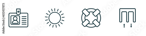 set of 4 linear icons from airport terminal concept. outline icons included identification badge, sunny day, lifeboat, passenger passway vector photo
