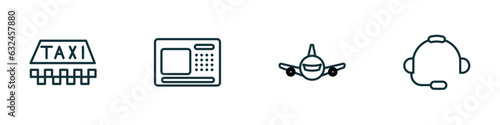 set of 4 linear icons from airport terminal concept. outline icons included taxi, airport atm, plane front view, airport headphones vector