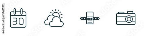 set of 4 linear icons from airport terminal concept. outline icons included calendar day thirty, cloudy day, airport x ray hine, vintage camera vector