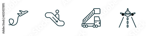 set of 4 linear icons from airport terminal concept. outline icons included plane flying, airport down stairs, gangway truck, landing runway vector