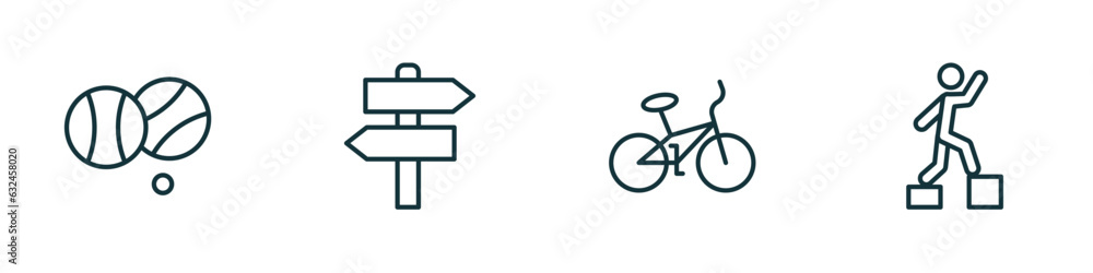 set of 4 linear icons from activity and hobbies concept. outline icons included petanque, , bmx, parkour vector
