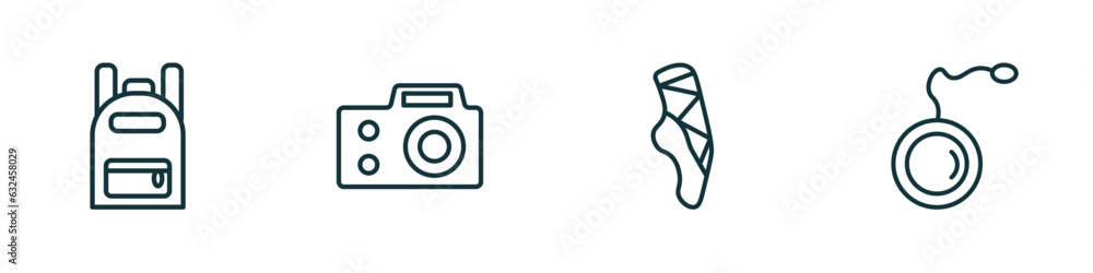 set of 4 linear icons from activity and hobbies concept. outline icons included backpacks, photography, ballerina, yoyo vector set of 4 linear icons from activity and hobbies concept. outline icons included backpacks, photography, ballerina, yoyo vector