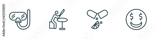set of 4 linear icons from activity and hobbies concept. outline icons included diving, knife making, vitamin, greedy vector