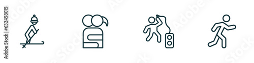 set of 4 linear icons from activity and hobbies concept. outline icons included skiing, couple huging, beatboxing, jogging vector