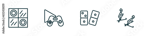 set of 4 linear icons from activity and hobbies concept. outline icons included checkers, game playing, dominoes, freestyle vector