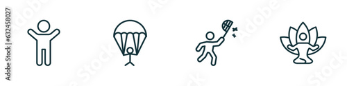 set of 4 linear icons from activity and hobbies concept. outline icons included warming up, gliding parachutist, insect collecting, yoga vector