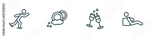 set of 4 linear icons from activity and hobbies concept. outline icons included ice skating, dish washing, hang out, resting vector