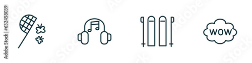 set of 4 linear icons from activity and hobbies concept. outline icons included butterfly catcher, listening music, skii, comic vector