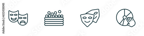 set of 4 linear icons from activity and hobbies concept. outline icons included acting, ball pit, cosplaying, disc jockey vector