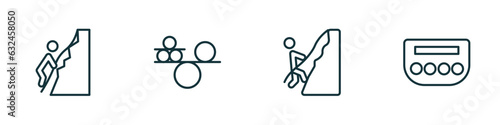 set of 4 linear icons from activity and hobbies concept. outline icons included rappelling, balancing, mountaineering, baccarat vector