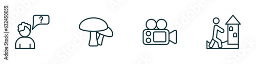set of 4 linear icons from activity and hobbies concept. outline icons included questioning, mushrooming, film making, sand art vector