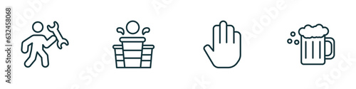 set of 4 linear icons from activity and hobbies concept. outline icons included repairing, beer pong, greeting, brewing vector