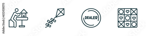 set of 4 linear icons from activity and hobbies concept. outline icons included model building, flying a kite, dealer, quilt vector