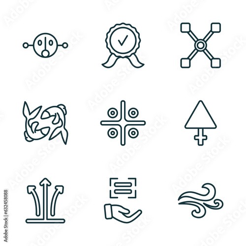 set of 9 linear icons from zodiac concept. outline icons such as fortitude, standard of quality, gods guidance, tartar, encouragement, air vector