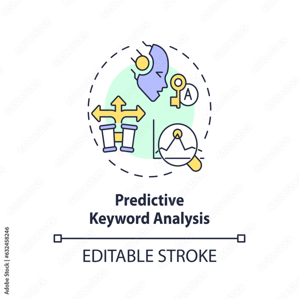 Editable predictive keyword analysis icon concept, isolated vector, AI for SEO thin line illustration.