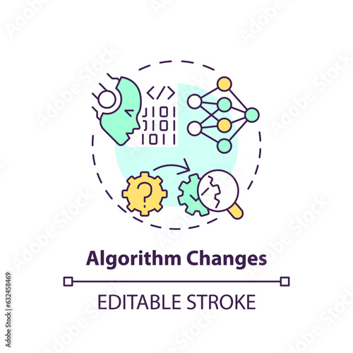 Editable algorithm changes icon concept, isolated vector, AI for SEO thin line illustration.