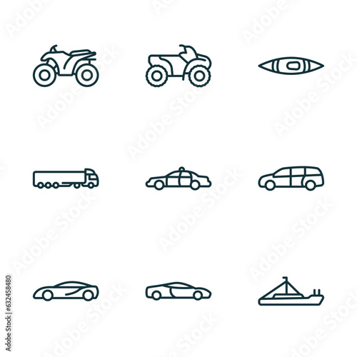 set of 9 linear icons from transportation concept. outline icons such as quad, all terrain vehicle, kayak, sports car, sport car, pt boat vector