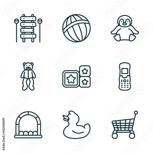 set of 9 linear icons from toys concept. outline icons such as xylophone toy, beach ball toy, penguin toy, bouncy castle duck cart vector