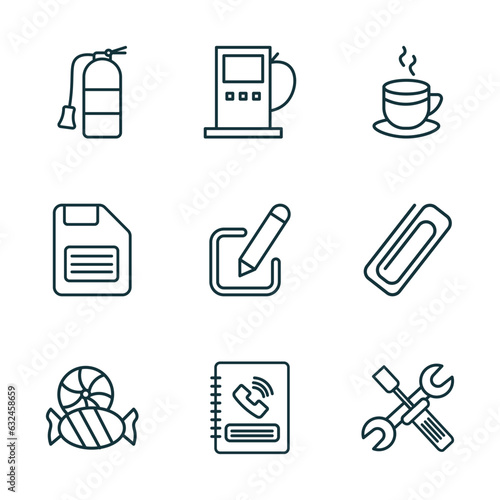 set of 9 linear icons from tools and utensils concept. outline icons such as flame extinguisher, fuel oil bomb service, cup of hot coffee, candies, telephone agenda, reparation vector