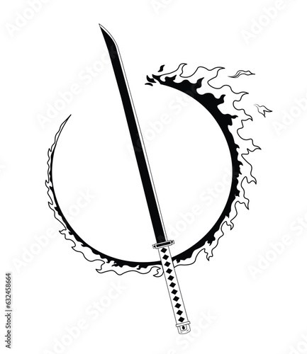 Fire Katana sword Anime knife samurai Ronin Sword Japanese style tattoo flat vector icon design, Anime blade Sword design