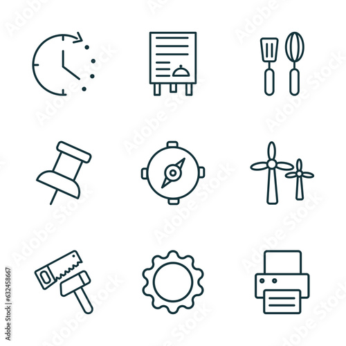 set of 9 linear icons from tools and utensils concept. outline icons such as time left, daily specials board, kitchen tools, carpentry, , print button vector
