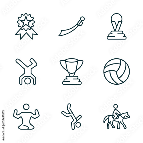 set of 9 linear icons from sports concept. outline icons such as awards, saber, world cup, yoga posture, capoeira, horseback vector