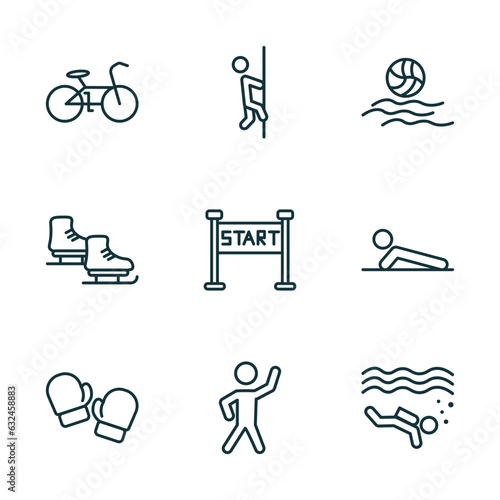 set of 9 linear icons from sports concept. outline icons such as race bike, climber, waterpolo, boxing glove, stretching, scuba diving vector