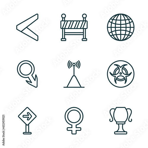 set of 9 linear icons from signs concept. outline icons such as is less than, under, grid world, traffic, female, classroom cup vector