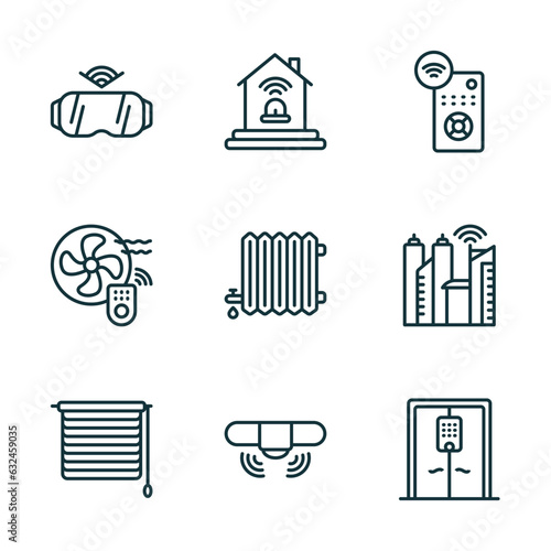 set of 9 linear icons from smart home concept. outline icons such as virtual reality, alarm system, remote, jalousie automation, sensor, automated door vector