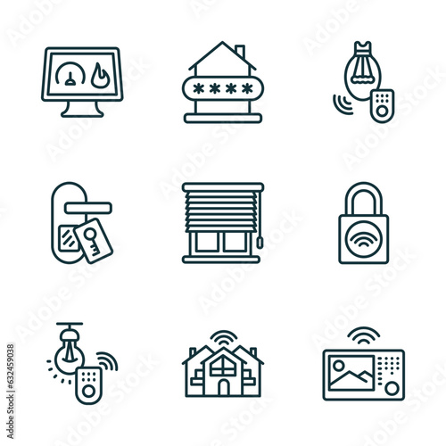 set of 9 linear icons from smart home concept. outline icons such as meter, security code, lighting, illumination, cool, intercom vector