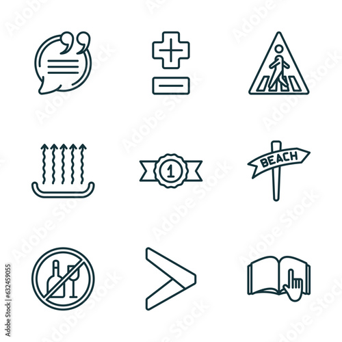 set of 9 linear icons from signs concept. outline icons such as quotes, plus less, crossing, drink, is greater than, instruction vector
