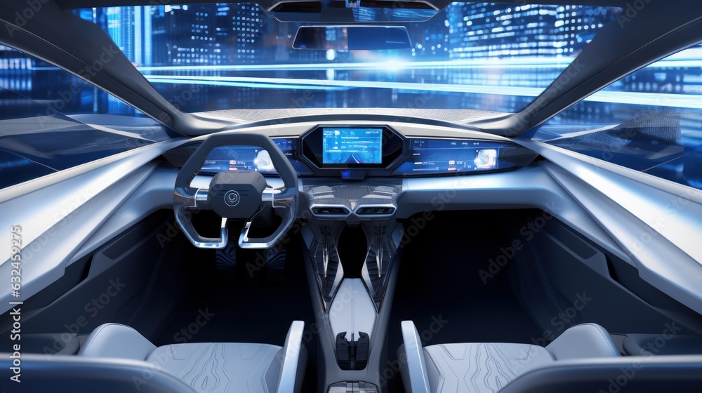 Empty Cockpit of Autonomous Car, Self Driving Vehicle, Futuristic Driverless Car. Generative Ai Empty Cockpit of Autonomous Car, Self Driving Vehicle, Futuristic Driverless Car. Generative Ai