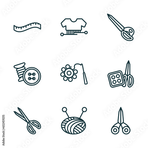 set of 9 linear icons from sew concept. outline icons such as measuring tape, hand craft, cutting tool, pinking shears, ball of wool, sewing scissors vector