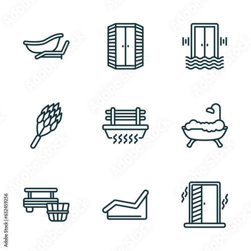 set of 9 linear icons from sauna concept. outline icons such as private spa, infrared heat cabin, sound stimulation, banja, laconium, irish steam bath vector
