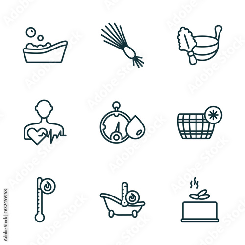 set of 9 linear icons from sauna concept. outline icons such as asian bath, birching, green sauna, hyperthermia, warming-up time, earth sauna vector