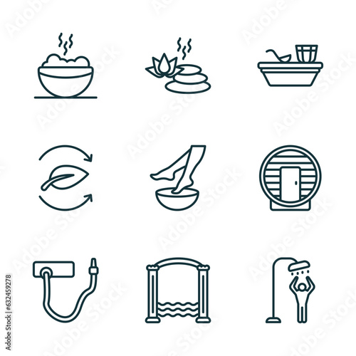 set of 9 linear icons from sauna concept. outline icons such as smoke sauna, well-being, turkish bath, kneipp hose, roman bath, dousing shower vector