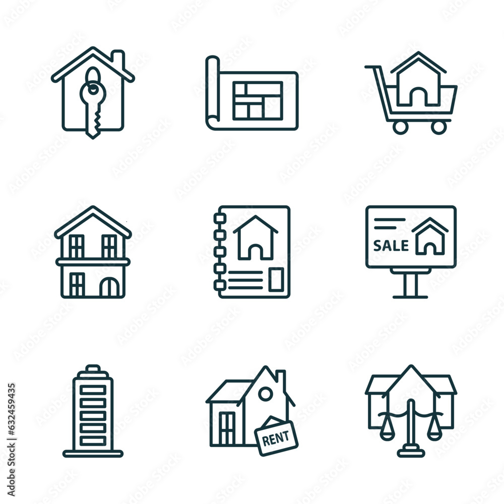 set of 9 linear icons from real estate concept. outline icons such as house key, blueprint, shopping, facade, for rent, juridical vector