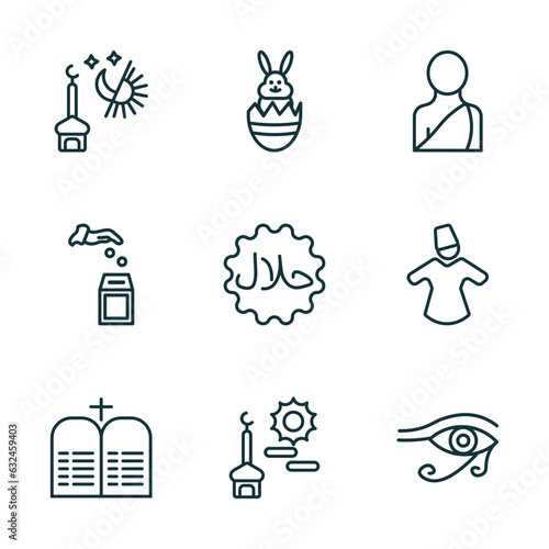 set of 9 linear icons from religion concept. outline icons such as maghrib prayer, easter bunny, buddhist monk, commandments, subah prayer, eye of ra vector