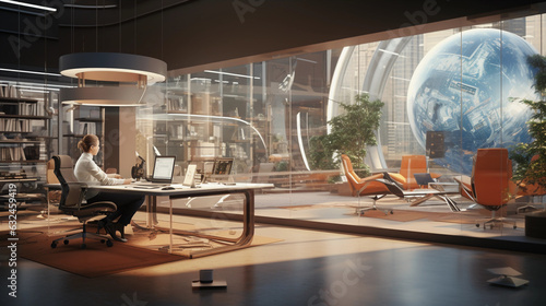 Virtual Reality Office: Next-Gen Workspace. Imagining a cutting-edge virtual reality-powered office space designed for seamless remote collaboration and work. Generative ai