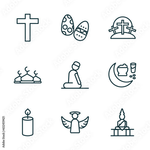 set of 9 linear icons from religion concept. outline icons such as christian, easter eggs, calvary, candle, angel, great buddha vector