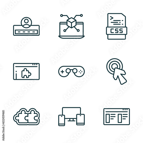 set of 9 linear icons from programming concept. outline icons such as login, simulation, css, addon, cross-platform, theme vector