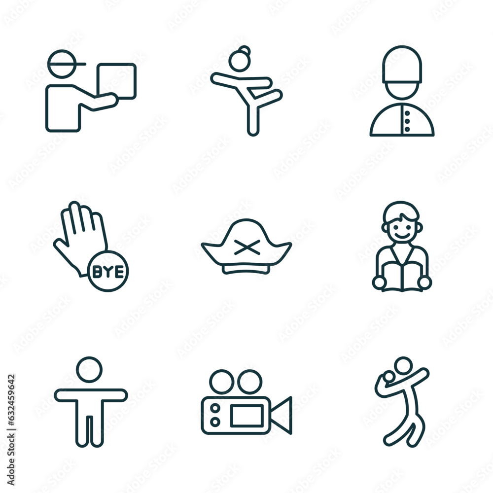 set of 9 linear icons from people concept. outline icons such as curier, gymnast girl, queens guard, crucified pose, movie director, shot put vector set of 9 linear icons from people concept. outline icons such as curier, gymnast girl, queens guard, crucified pose, movie director, shot put vector