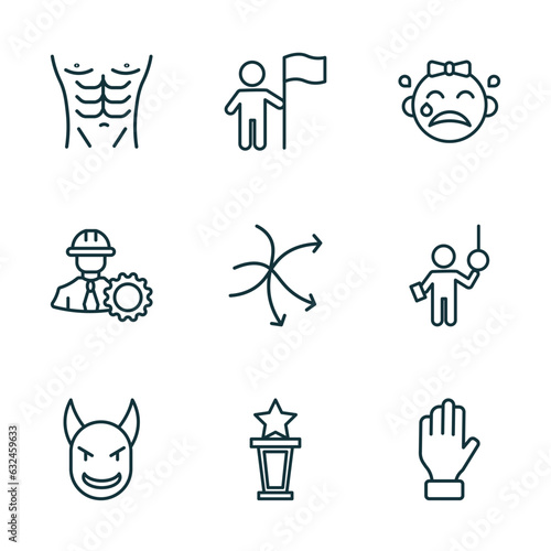 set of 9 linear icons from people concept. outline icons such as torso, man holding a flag, crying baby, devil head with horns, cinema award, slap vector
