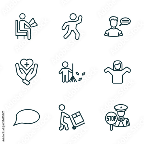 set of 9 linear icons from people concept. outline icons such as sitting man reading, dancing man, monologue, chat balloon, worker loading, traffic police vector