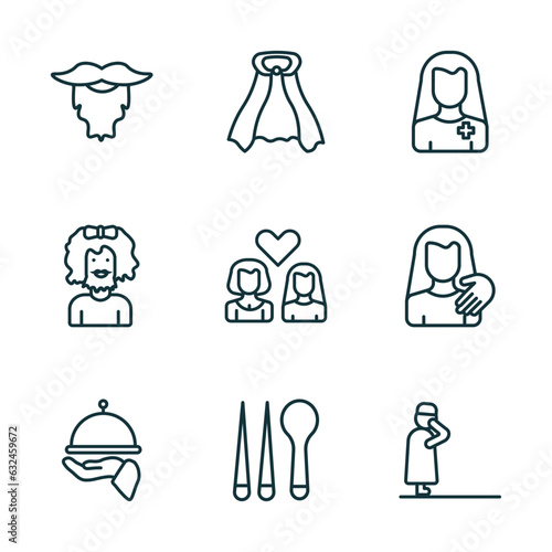 set of 9 linear icons from people concept. outline icons such as facial hair, cape, pacient, serve, korean, takbir vector