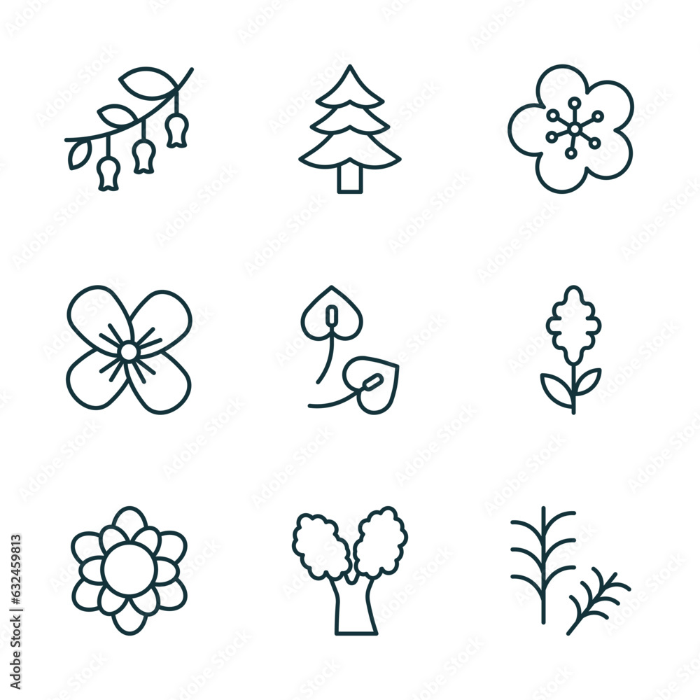 set of 9 linear icons from nature concept. outline icons such as hawthorn, cedar, orchid, magnolia, eastern cottonwood tree, rosemary vector